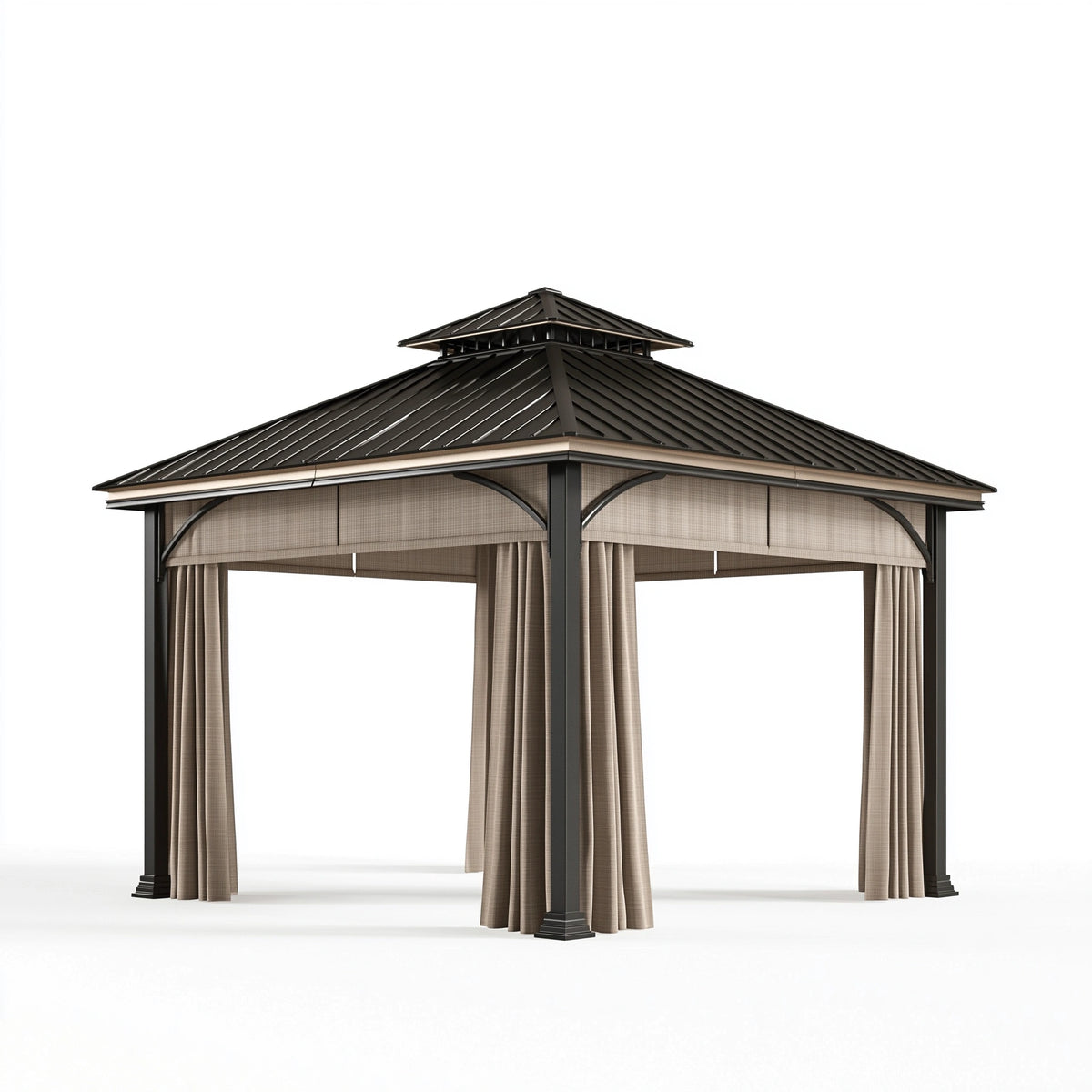 Gartenpavillon 300 x 300 x 300 cm aus Metall in Schwarz mit Vorhängen für Terrasse