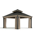 Gartenpavillon 400 x 400 x 300 cm Metall Schwarz Beige mit Vorhängen und Doppeldach