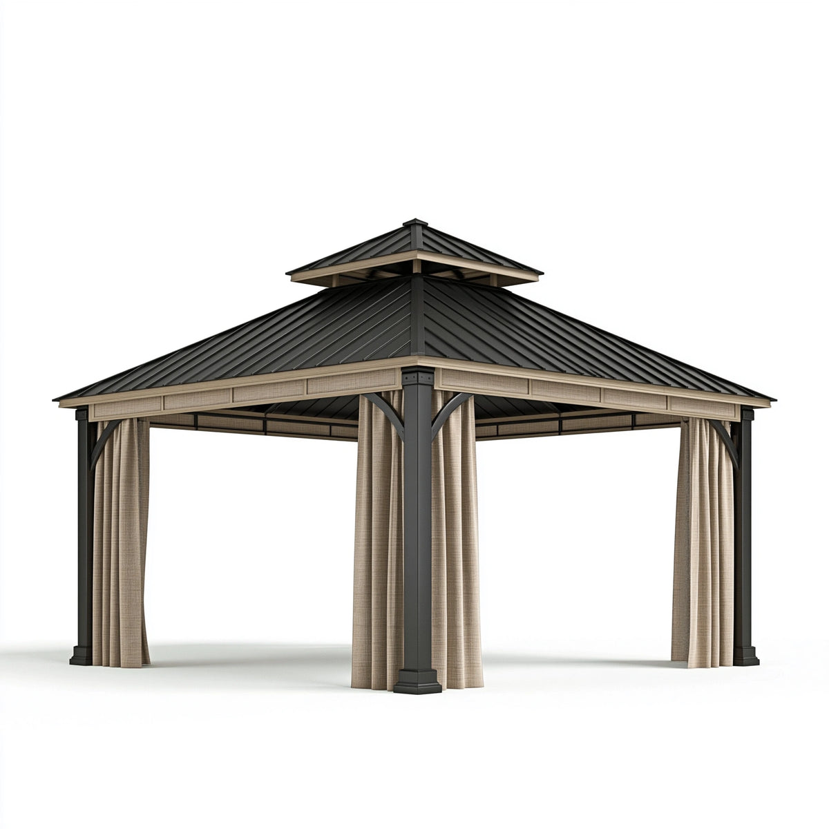 Gartenpavillon 400 x 400 x 300 cm Metall Schwarz Beige mit Vorhängen und Doppeldach