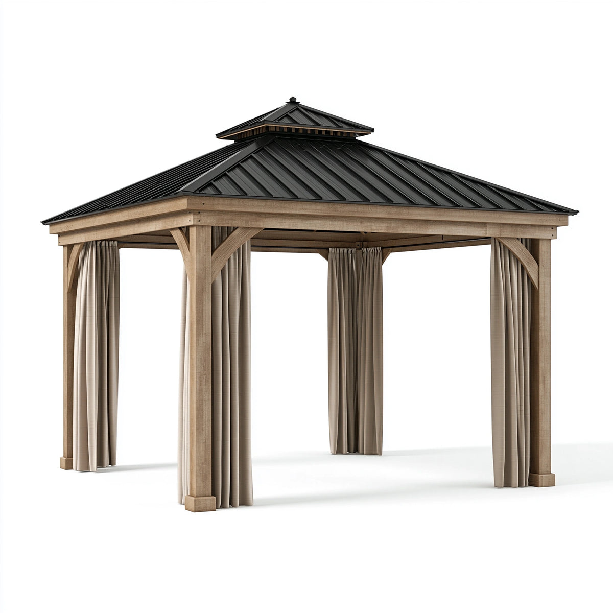 Gartenpavillon 300 x 300 x 300 cm Holz Schwarz Beige mit Metalldach und Vorhängen
