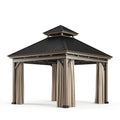 Gartenpavillon 400 x 400 x 320 cm Metall Holzoptik Beige Schwarz mit Doppeldach und Vorhängen