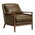 Sessel 76 cm x 82 cm x 88 cm olivgrüner Lederoptik-Bezug mit Holzgestell im Mid-Century-Stil