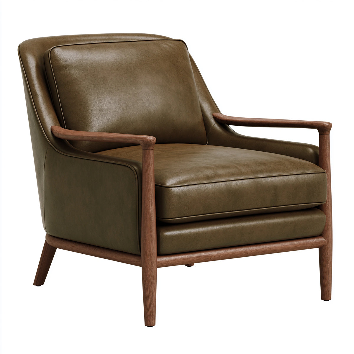 Sessel 76 cm x 82 cm x 88 cm olivgrüner Lederoptik-Bezug mit Holzgestell im Mid-Century-Stil