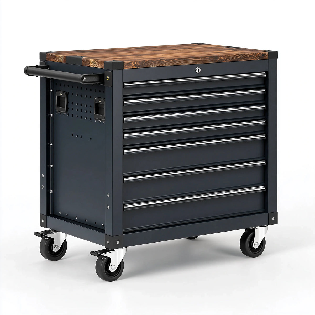 Werkzeugwagen 90 x 50 x 100 cm aus Stahl und Holz Schwarz Braun mit 7 Schubladen und Rollen
