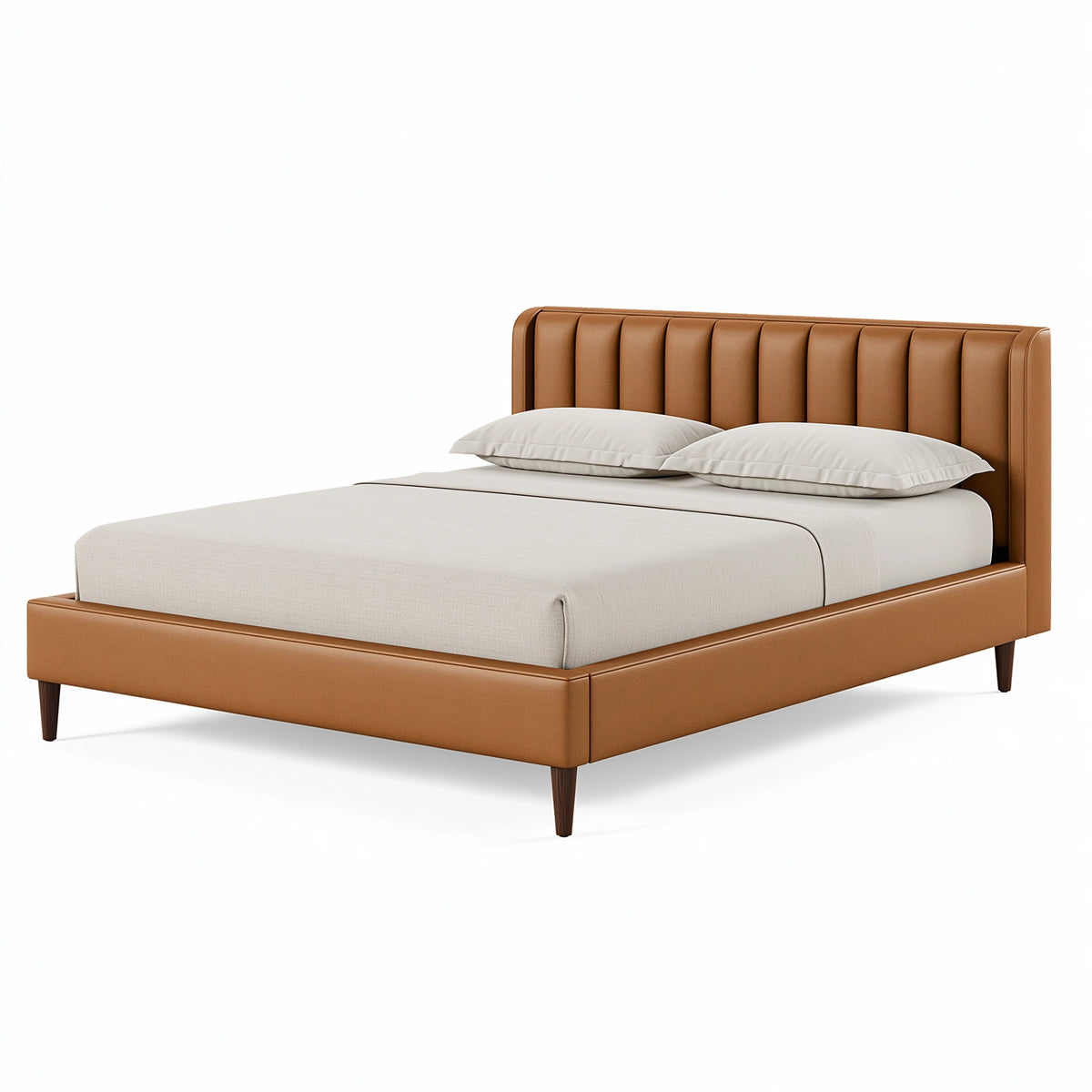 Polsterbett 180 x 200 cm Kunstleder Cognac mit vertikal gestepptem Kopfteil